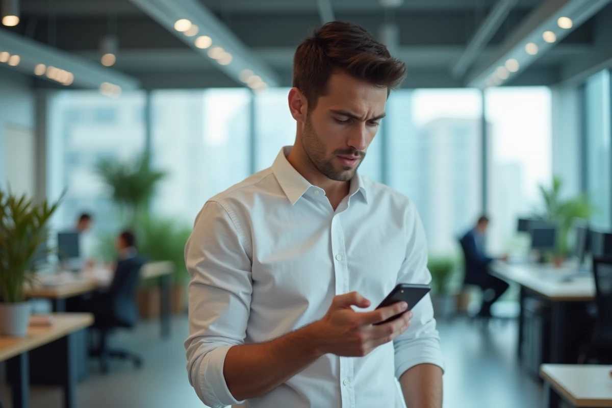 Jeune professionnel en bureau consultant son téléphone avec une expression dubitative face à un appel commercial non sollicité