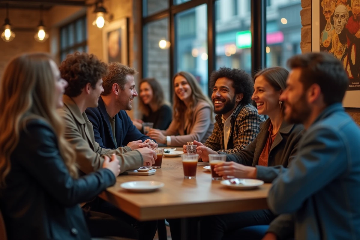 Groupe diversifié de personnes riant dans un café urbain