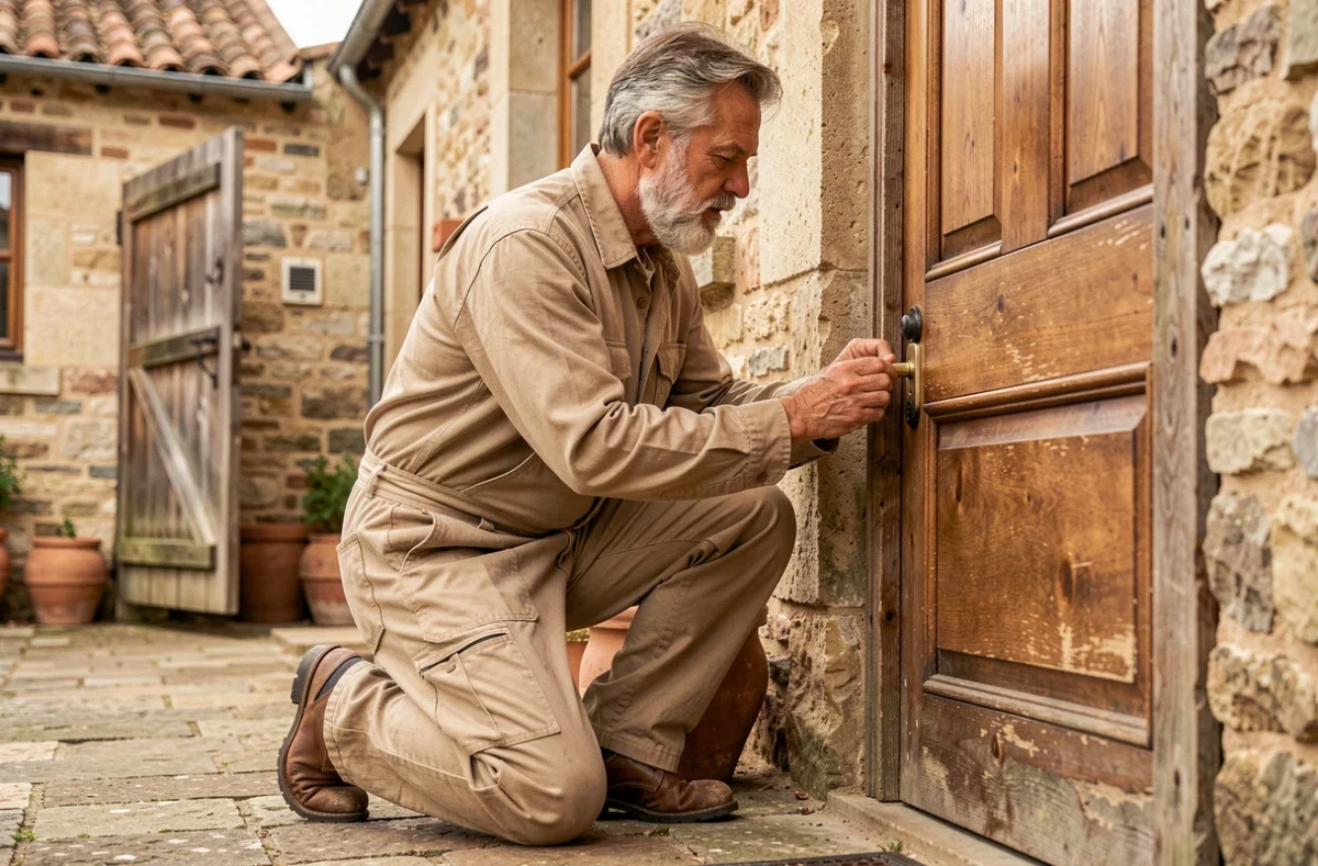 Artisan serrurier Rault Patrice remplaçant la serrure d'une porte en bois ancienne dans une ferme de l'Oise