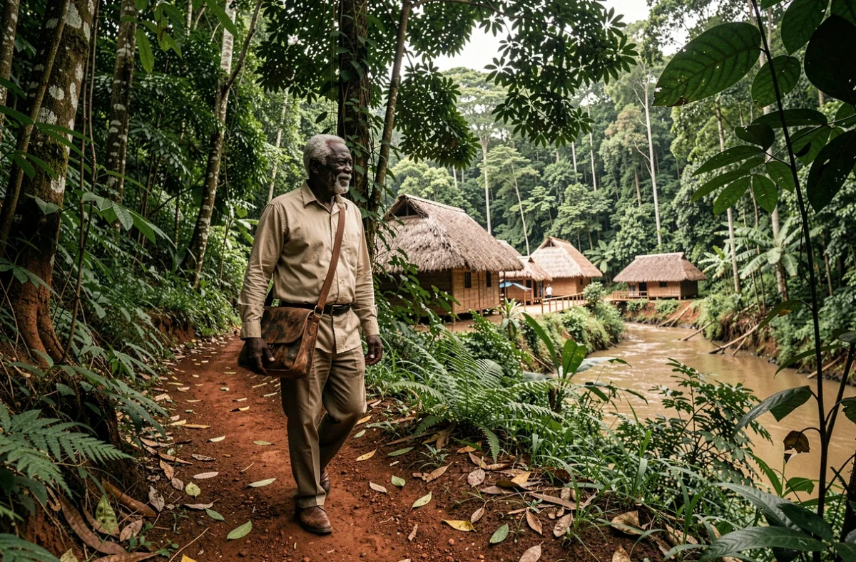 Administrateur congolais traversant la forêt équatoriale pour atteindre un village illustrant le défi du recensement sans infrastructure en RDC