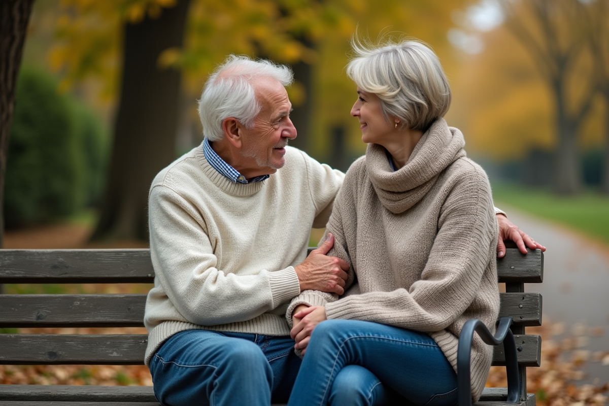 Homme et jeune femme sur un banc en automne