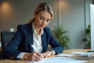 Femme professionnelle rédigeant l'adresse d'un courrier d'entreprise sur une enveloppe blanche dans un bureau moderne