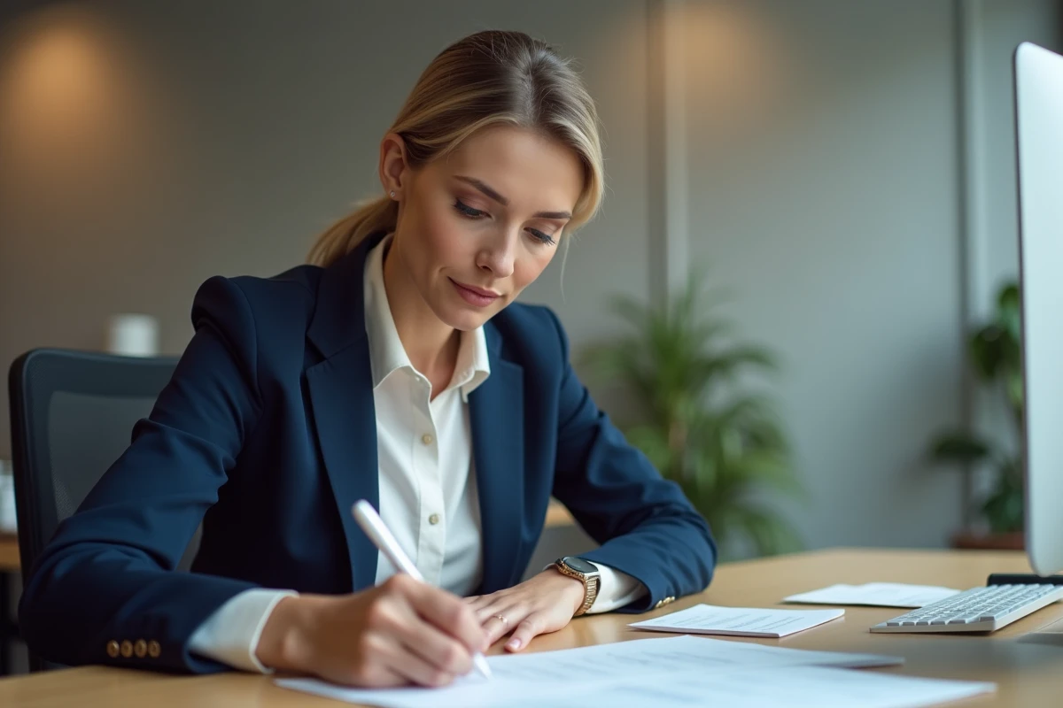 Femme professionnelle rédigeant l'adresse d'un courrier d'entreprise sur une enveloppe blanche dans un bureau moderne
