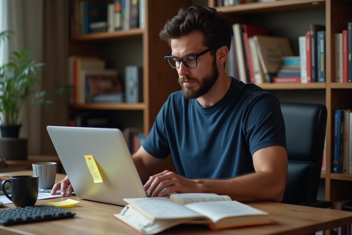 Homme consultant un résumé de chapitres de webtoon sur ordinateur portable dans un bureau maison organisé