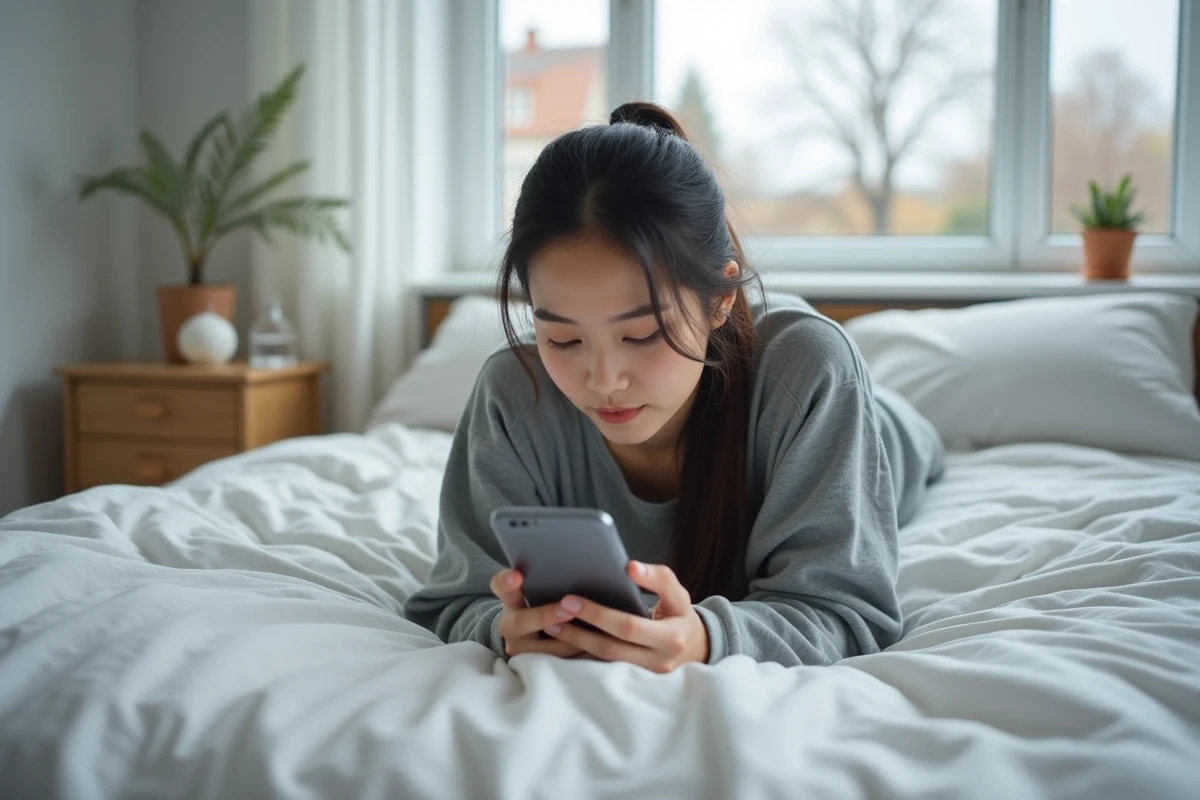 Femme allongée sur son lit relisant un webtoon sur smartphone dans une chambre minimaliste scandinave