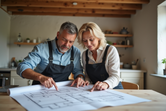 Couple examinant des plans de rénovation dans une maison