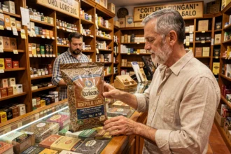 Homme examinant un seau de tabac 1kg dans un bureau de tabac espagnol avec des prix affichés en euros