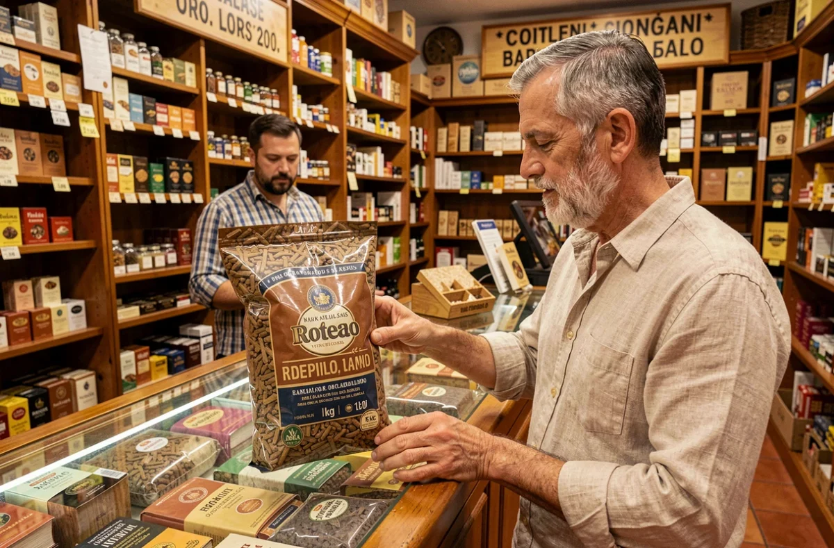 Homme examinant un seau de tabac 1kg dans un bureau de tabac espagnol avec des prix affichés en euros