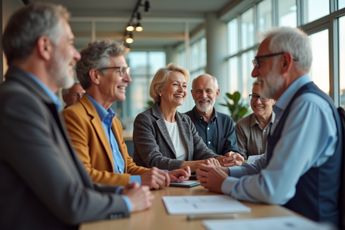 Groupe de seniors avec conseiller bancaire dans une banque moderne