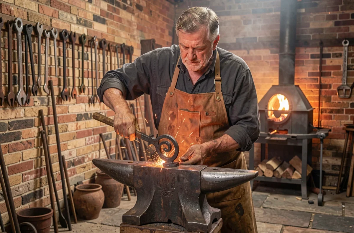 Maître artisan de la Serrurerie de la Forge façonnant une pièce en fer forgé dans son atelier traditionnel