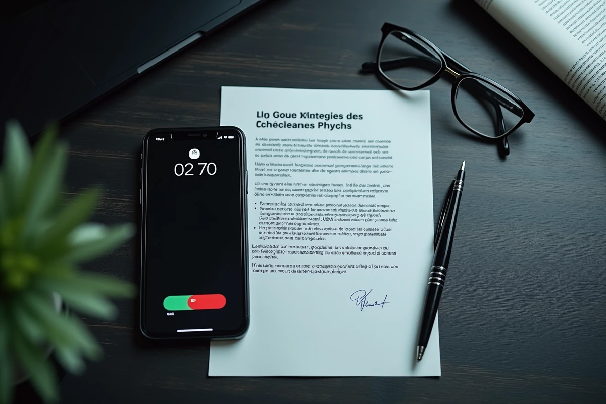 Vue de dessus d'un smartphone affichant un appel entrant avec numéro 02 70 posé sur un bureau à côté d'un document légal sur le démarchage téléphonique
