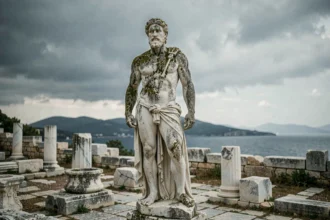 Statue en marbre antique de Poséidon, dieu grec de la mer, dans un site archéologique en Grèce avec vue sur la mer Égée