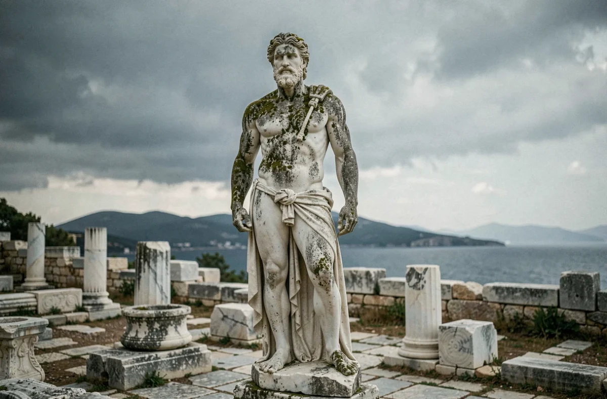 Statue en marbre antique de Poséidon, dieu grec de la mer, dans un site archéologique en Grèce avec vue sur la mer Égée