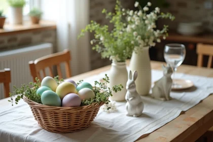 Table de Pâques décorée avec panier d'œufs colorés, lapins en céramique et branches de mimosa sur nappe en lin