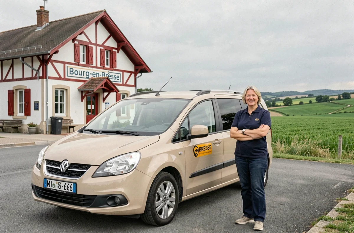 Un taxi minivan beige stationné devant une gare rurale de Bourg-en-Bresse avec une chauffeuse accueillante et la campagne de l'Ain en fond