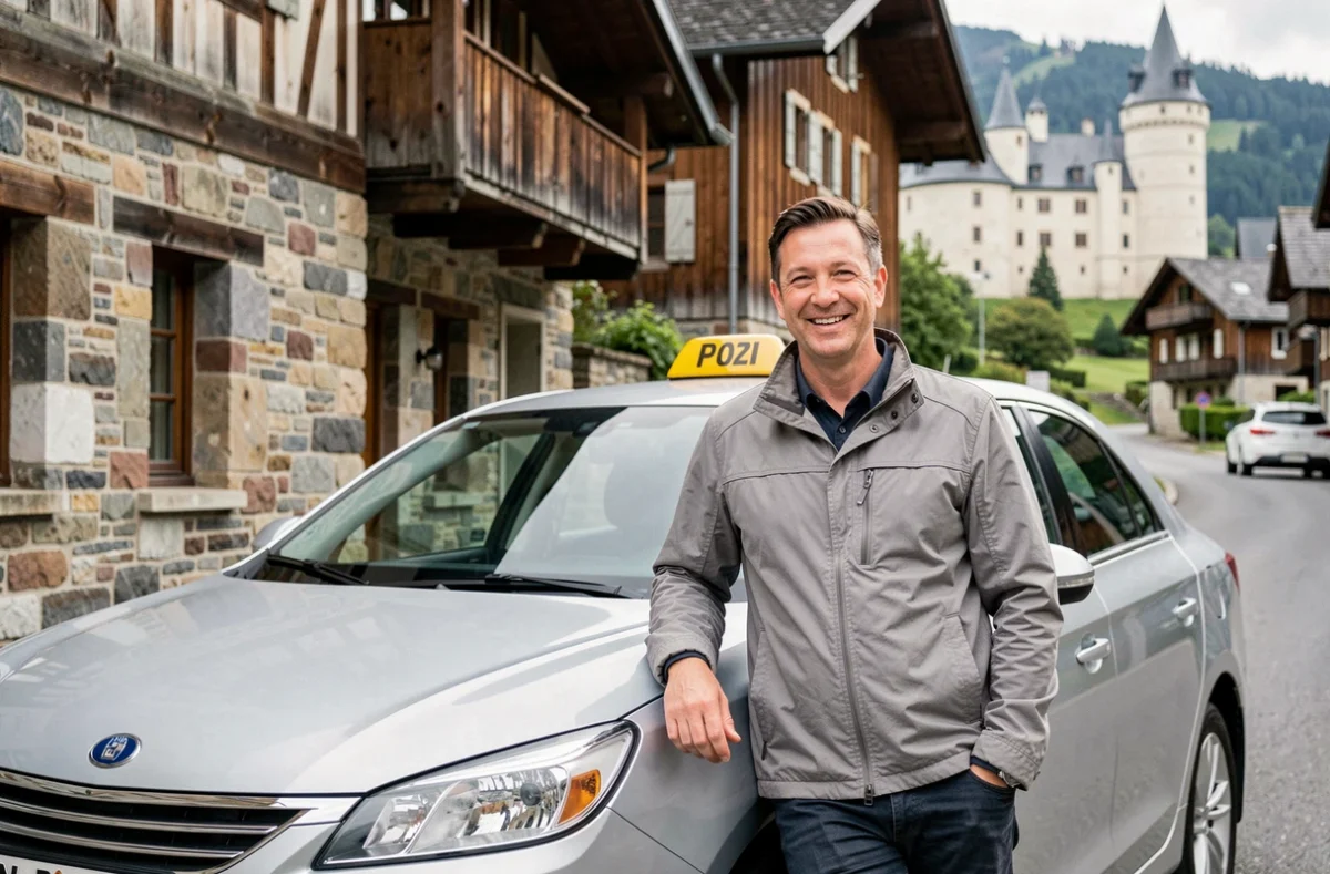 Un chauffeur de taxi souriant appuyé contre sa berline argentée dans une rue calme de Chambéry avec le château en arrière-plan