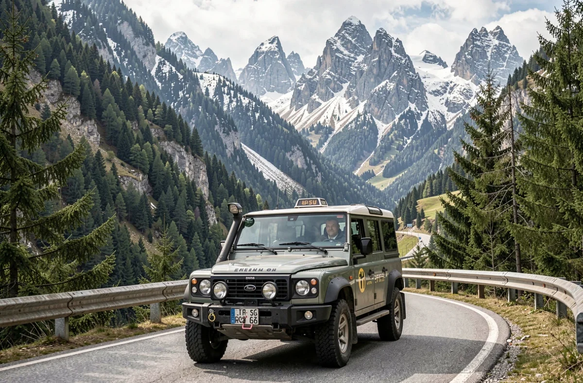 Un taxi 4x4 robuste sur une route sinueuse de montagne en Isère près de Grenoble avec des sommets enneigés en arrière-plan