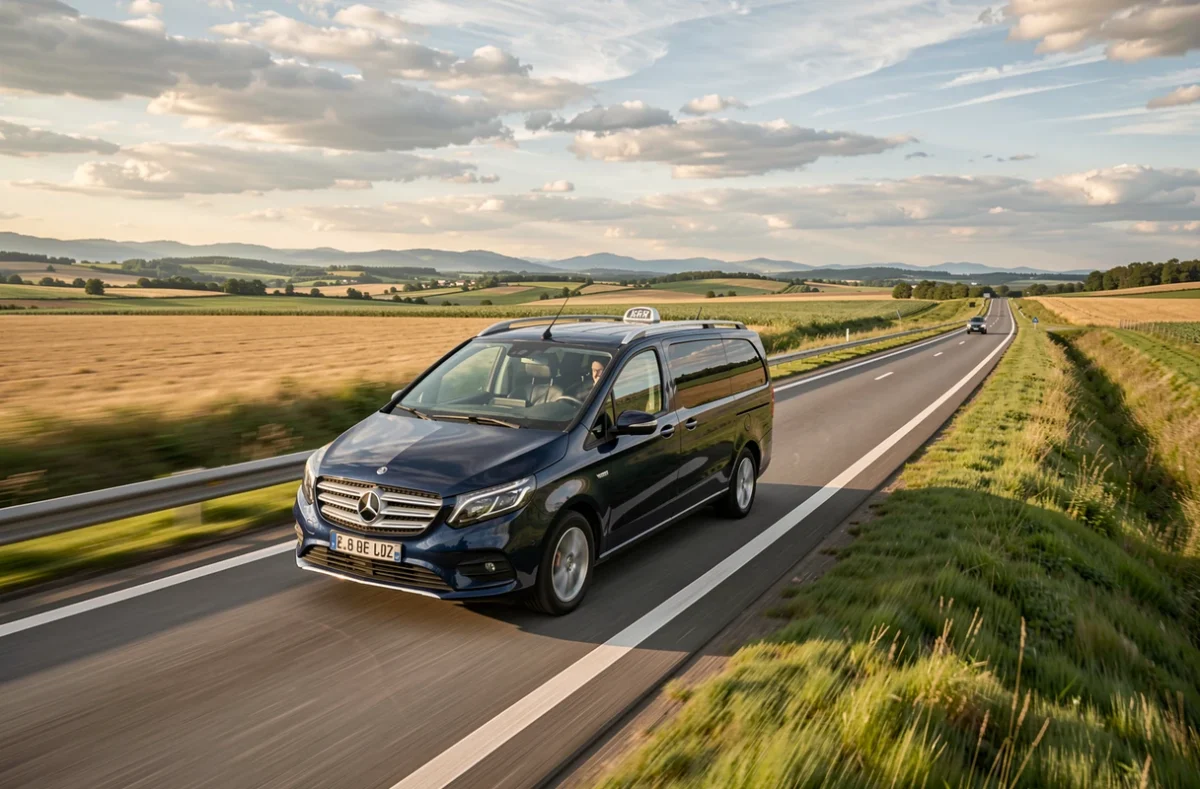 Un taxi minivan bleu foncé roule sur une grande route nationale à travers la campagne d'Auvergne-Rhône-Alpes pour un trajet longue distance
