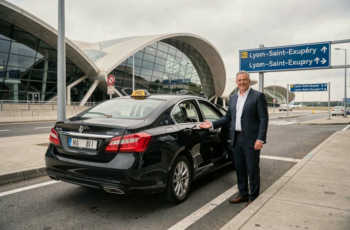Un taxi berline noire attend devant le terminal de l'aéroport Lyon-Saint-Exupéry pour un transfert aéroport professionnel