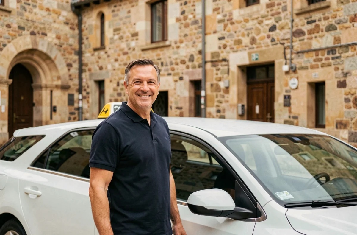 Un chauffeur de taxi polyvalent posant devant son véhicule blanc dans les rues historiques de Riom en Auvergne