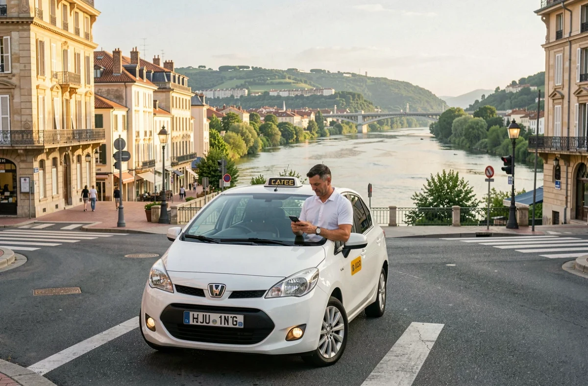 Un taxi blanc stationné à Valence avec le Rhône et les rives verdoyantes visibles en arrière-plan dans la Drôme