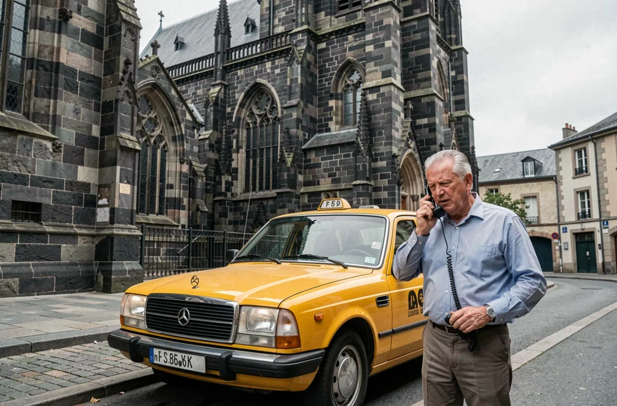 Un taxi jaune classique stationné devant la cathédrale en pierre volcanique noire de Clermont-Ferrand avec un dispatcher radio