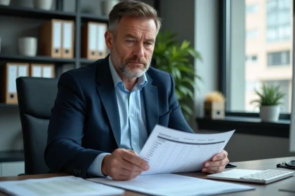Technicien homme examine une grille de salaire au bureau