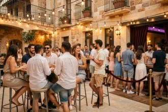 Terrasse animée d'une boîte de nuit à Perpignan avec des jeunes adultes en tenue estivale décontractée profitant de l'ambiance du soir