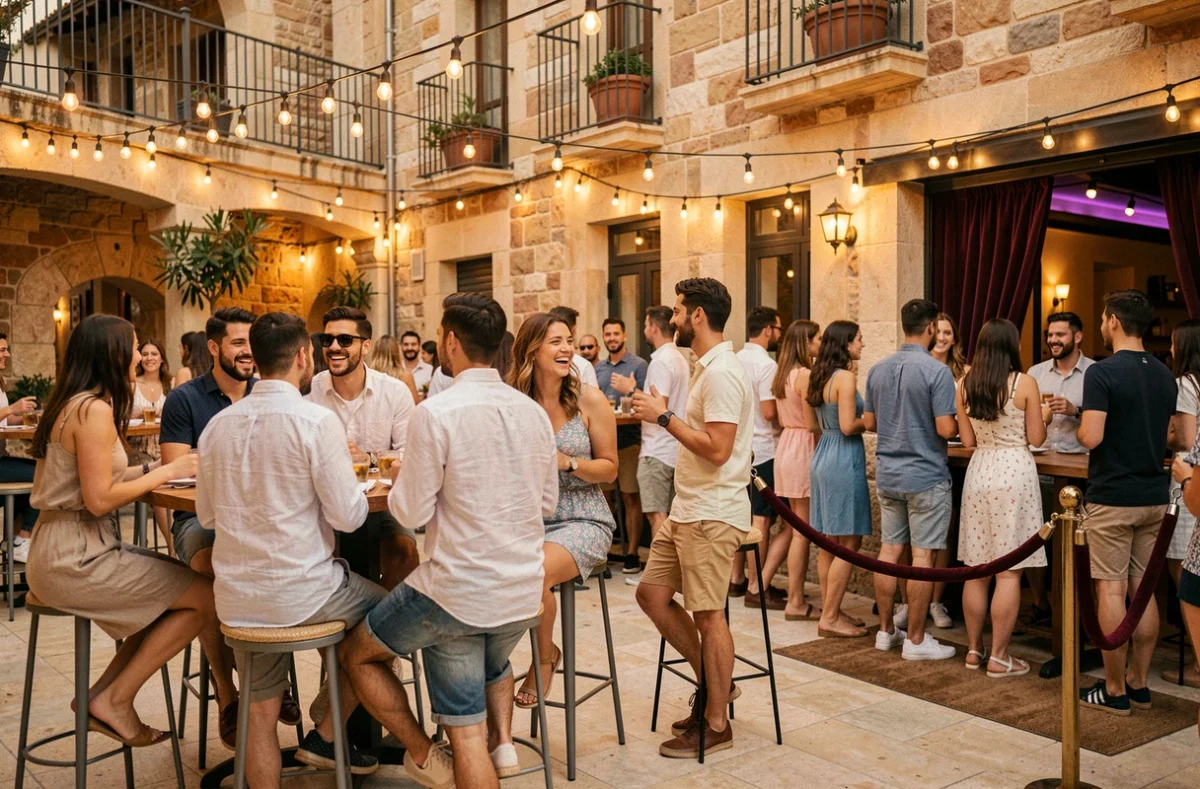 Terrasse animée d'une boîte de nuit à Perpignan avec des jeunes adultes en tenue estivale décontractée profitant de l'ambiance du soir