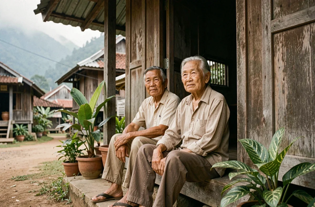 Couple de personnes âgées thaïlandaises devant une maison traditionnelle évoquant le vieillissement accéléré en Asie du Sud-Est