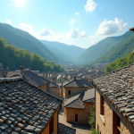 Toit en pierre traditionnel dans un village européen ensoleillé