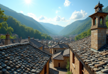 Toit en pierre traditionnel dans un village européen ensoleillé
