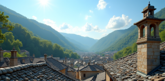 Toit en pierre traditionnel dans un village européen ensoleillé