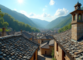 Toit en pierre traditionnel dans un village européen ensoleillé