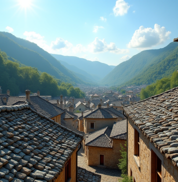 Toit en pierre traditionnel dans un village européen ensoleillé