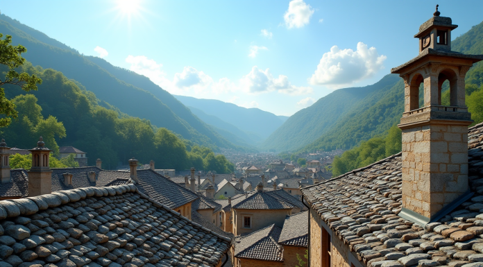 Toit en pierre traditionnel dans un village européen ensoleillé