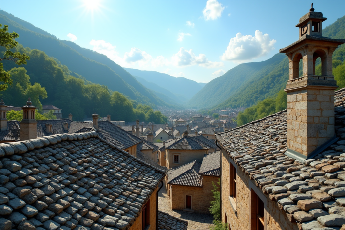 Toit en pierre traditionnel dans un village européen ensoleillé