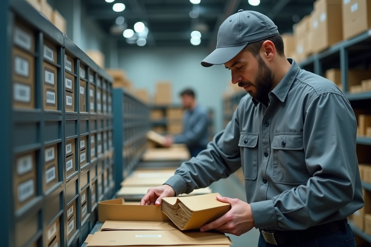 Agent postal triant des enveloppes de courrier adressé pour entreprises dans un centre de distribution moderne