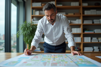 Urbaniste homme en réunion avec plans de zonage