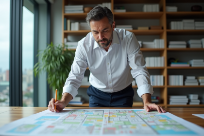 Urbaniste homme en réunion avec plans de zonage