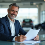 Vendeur automobile souriant dans un showroom moderne