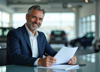 Vendeur automobile souriant dans un showroom moderne