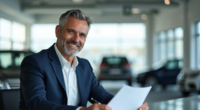 Vendeur automobile souriant dans un showroom moderne