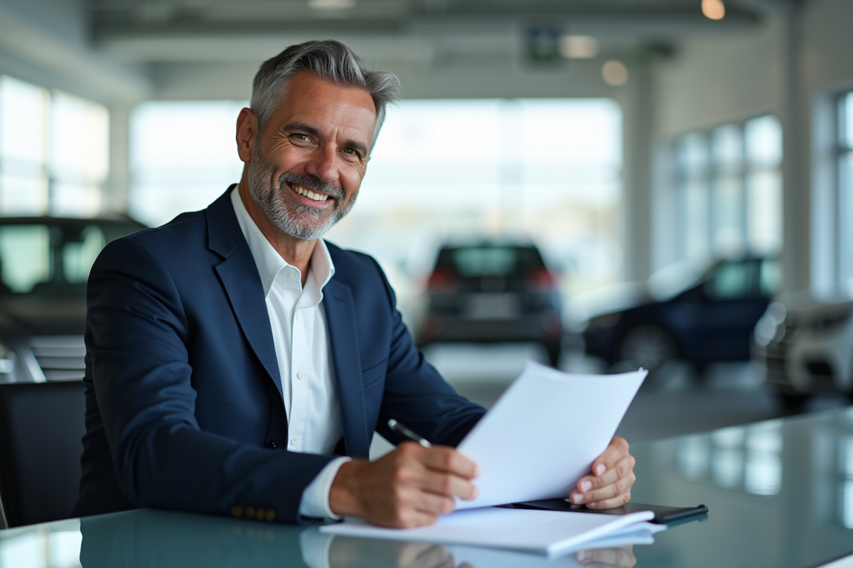 Vendeur automobile souriant dans un showroom moderne