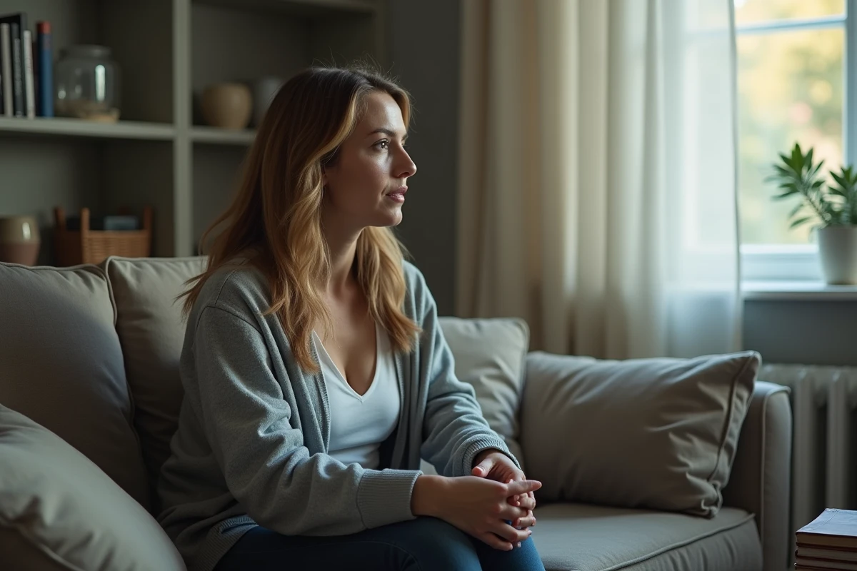 Femme épuisée émotionnellement assise sur un canapé regardant par la fenêtre, représentant l'impact psychologique de la relation avec un pervers narcissique