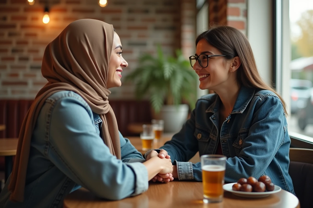 Deux femmes de cultures différentes échangent des vœux de bon Ramadan autour d'un thé à la menthe dans un café parisien