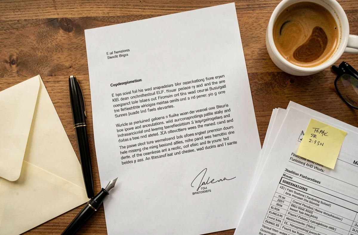 Vue de dessus d'une lettre de résiliation manuscrite sur un bureau avec enveloppe et stylo