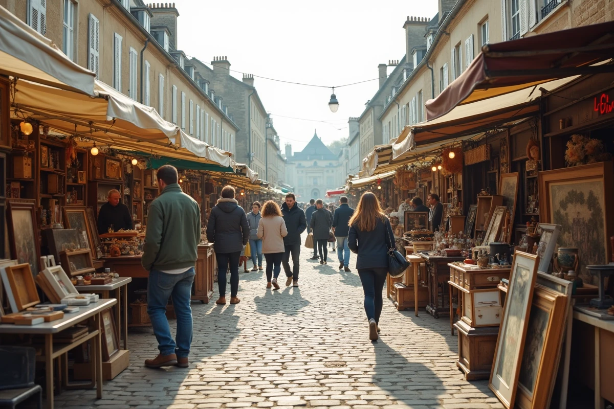 Vue panoramique d'une brocante animée dans une place de ville des Yvelines un week-end